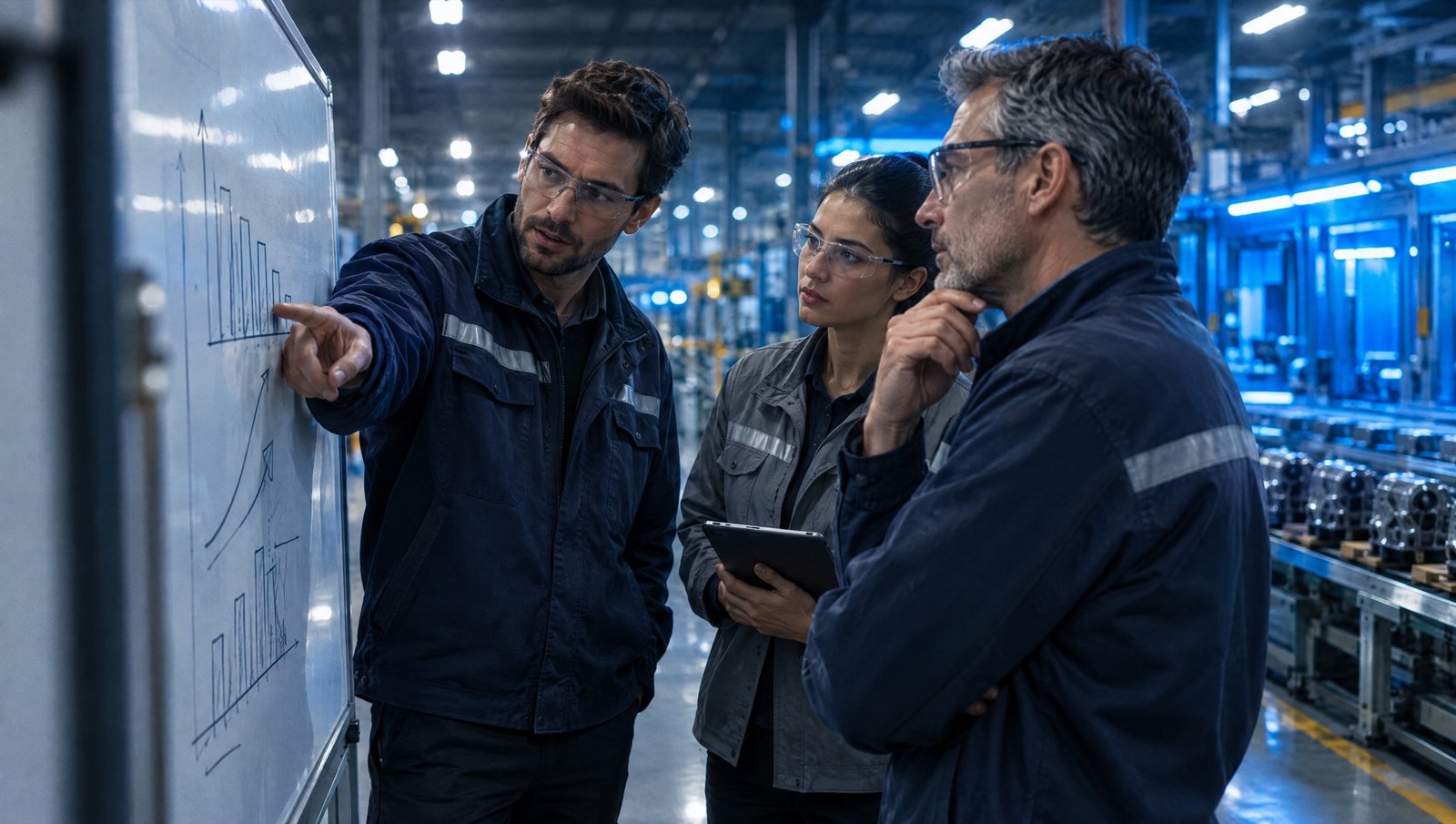 Engenheiros discutindo gráficos num quadro branco no chão de fábrica