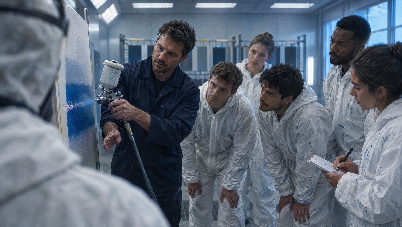 Instrutor mostrando a técnica de pistola para um grupo de pintores